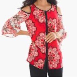 Chico’s Tiled Spice Cold Shoulder Bell Sleeve Button Down Top XL (Chicos 3) EUC